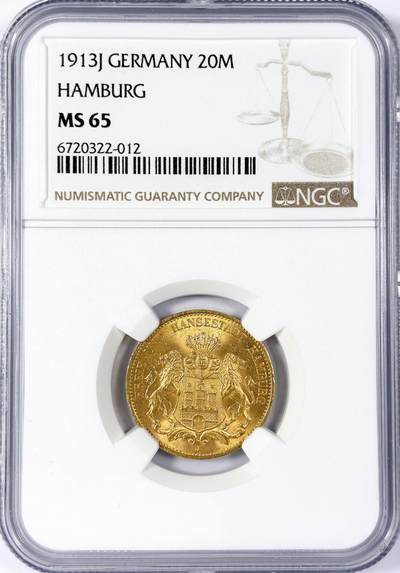【雨安】【世界币章114期】2025-11-15 周六 19:30 保真 8秒倒数自动落锤 高效拍卖 - [金币] Germany 德国 汉堡 20马克 1913年 长翅 NGC-MS65 极品高分