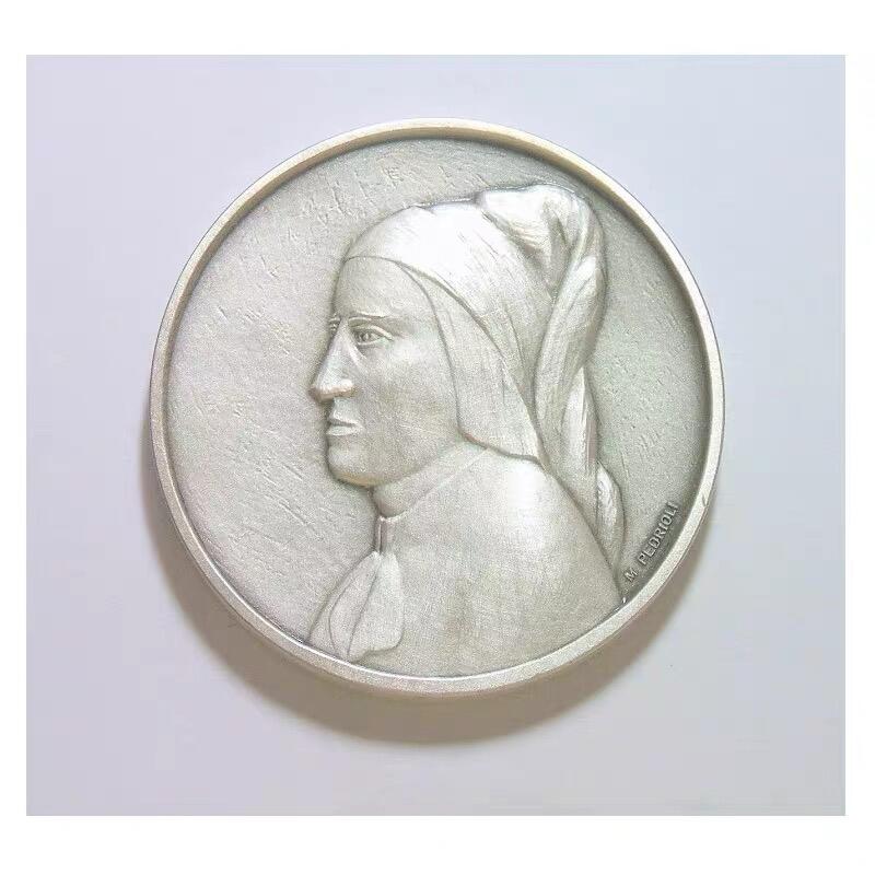 【原盒】意大利1997年 大文豪但丁高浮雕精制大镀银章 带原盒 40MM