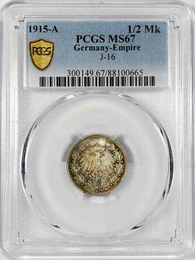 【雨安】【世界币章114期】2025-11-15 周六 19:30 保真 8秒倒数自动落锤 高效拍卖 - [评级德国] Germany 德国 帝国 1/2马克 1915年 PCGS-MS67