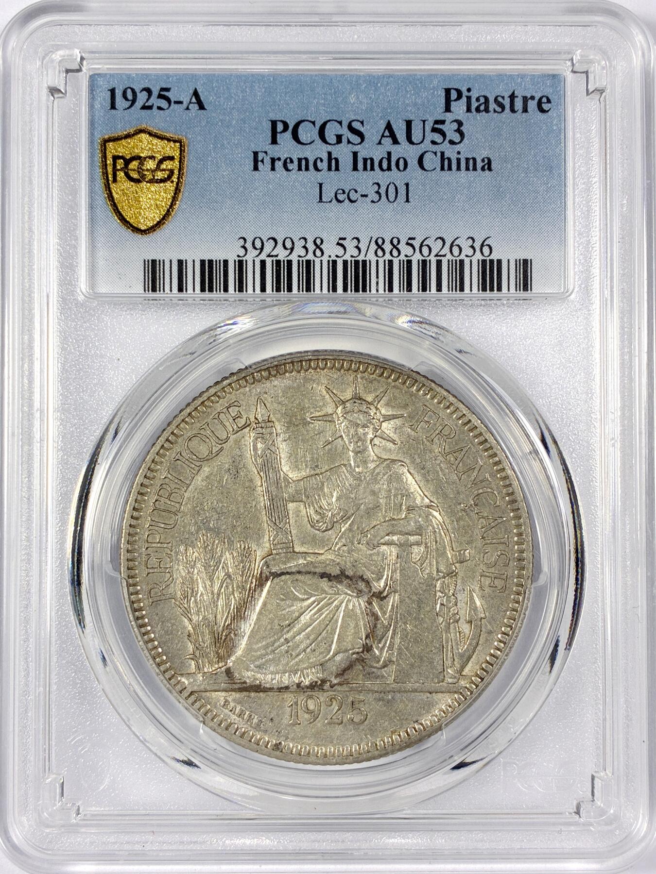 【雨安】【世界币章114期】2025-11-15 周六 19:30 保真 8秒倒数自动落锤 高效拍卖 [评级亚洲] 贸易银 法国 法属印支 坐洋 1皮阿斯特 1925年 PCGS-AU53