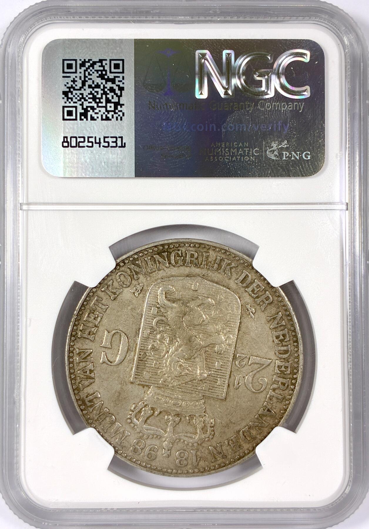 【雨安】【世界币章114期】2025-11-15 周六 19:30 保真 8秒倒数自动落锤 高效拍卖 [评级欧洲] Netherlands 荷兰 王国 威廉明娜 2.5盾 1898年 NGC-AU 独年版 经典品种