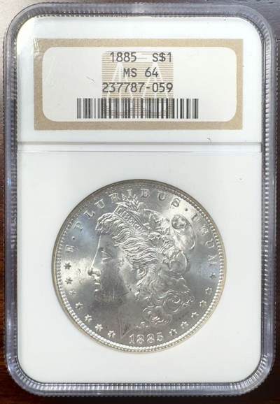 甄臻铺-世界币章拍卖（第39期）送拍享返佣金等优惠多多 - NGC-MS64 1885年美国摩根，小白盒，手感不错，币面干净