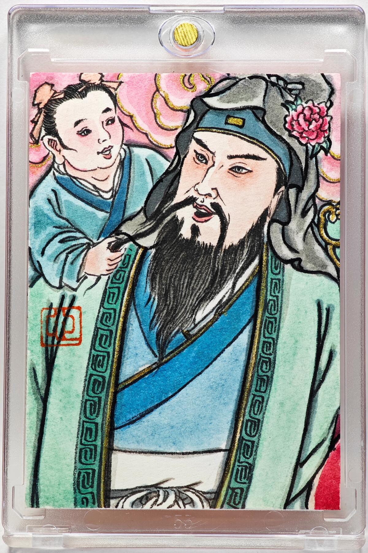 白泽拍卖卡牌手绘专场第28期（细雨生寒、寻梅闻香） 2025 卢艺丰手绘卡 福星 三拼卡之一  卢艺丰背简绘 卡砖封装