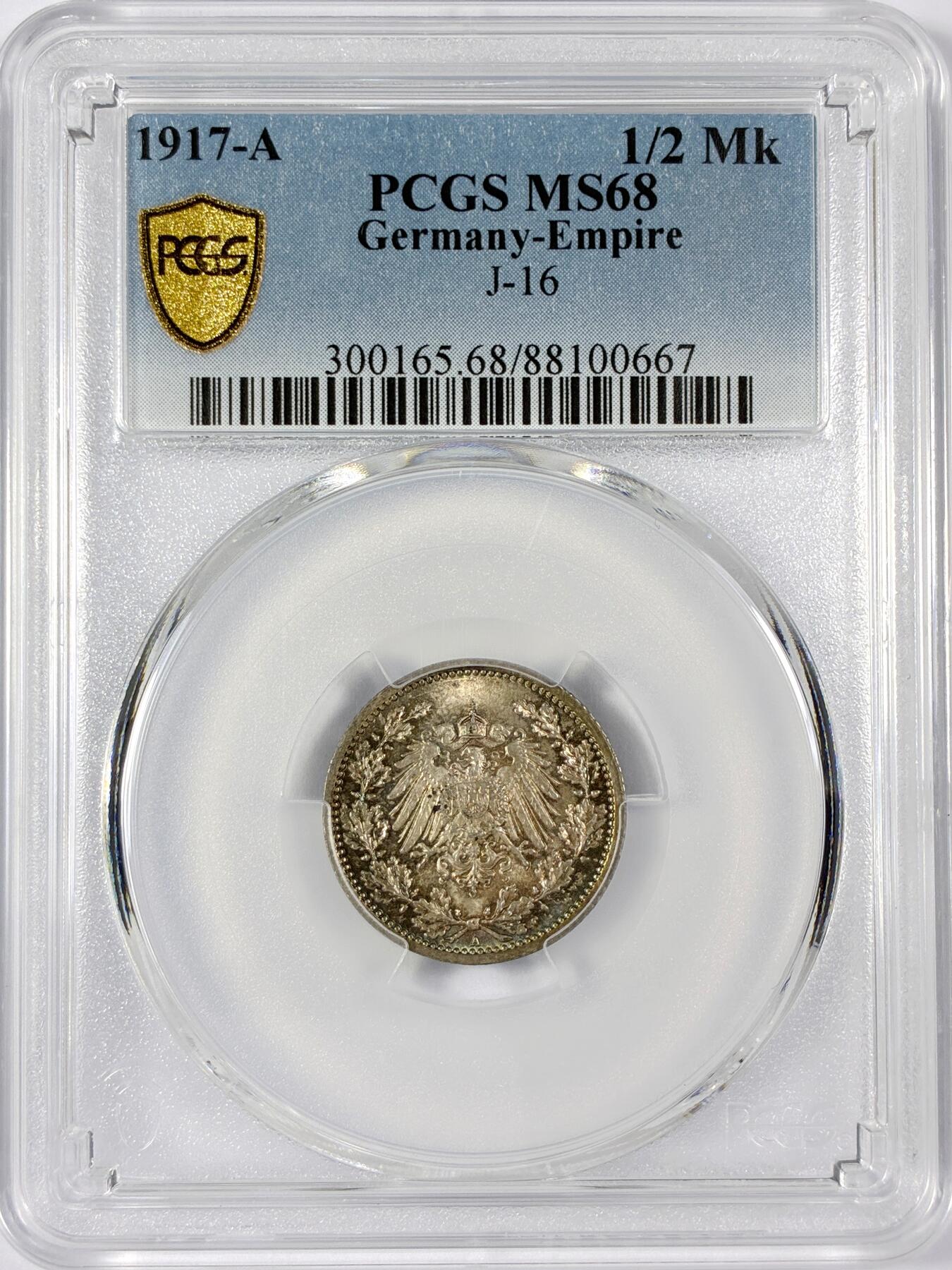 【雨安】【世界币章114期】2025-11-15 周六 19:30 保真 8秒倒数自动落锤 高效拍卖 [评级德国] Germany 德国 帝国 1/2马克 1917年 PCGS-MS68