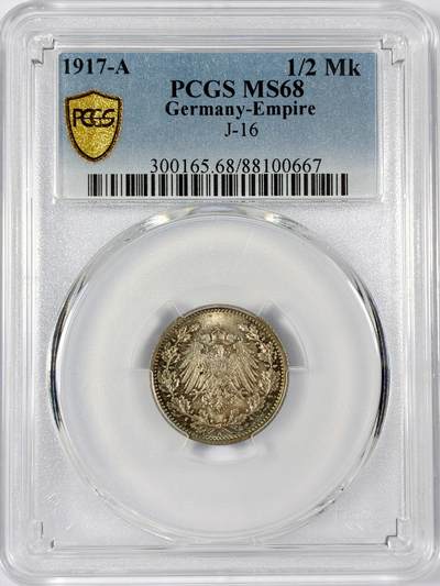 【雨安】【世界币章114期】2025-11-15 周六 19:30 保真 8秒倒数自动落锤 高效拍卖 - [评级德国] Germany 德国 帝国 1/2马克 1917年 PCGS-MS68