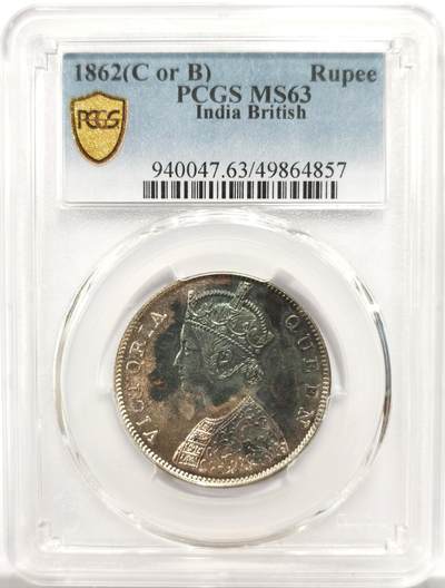 博洋堂世界钱币拍卖第146期（全场包邮） - PCGS MS63 英属印度1862年维多利亚1卢比银币，灰黑包浆带彩