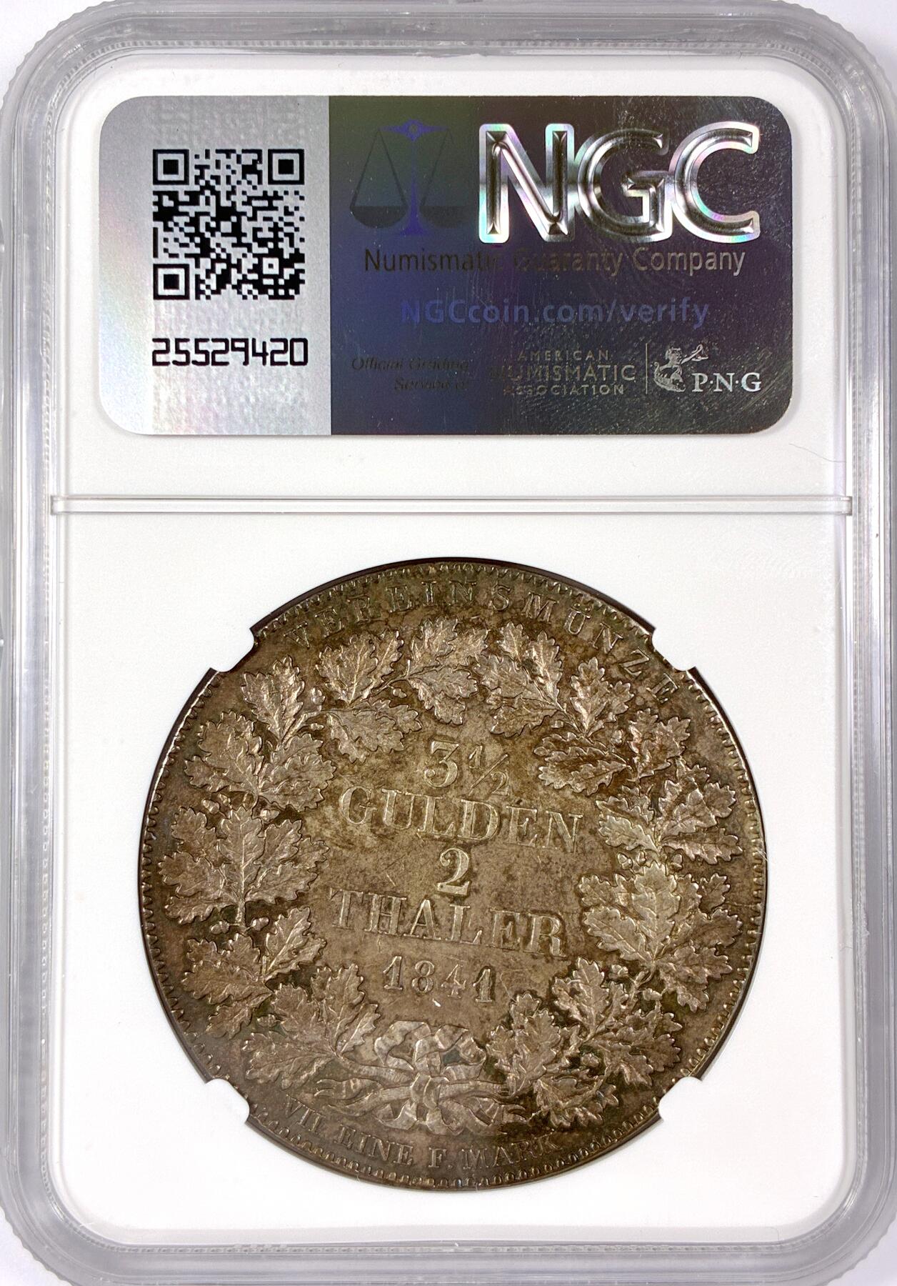 【雨安】【世界币章114期】2025-11-15 周六 19:30 保真 8秒倒数自动落锤 高效拍卖 [评级德国] Germany 德国 德意志 2泰勒 Frankfurt法兰克福 Thun.130 KM#0326 景观泰勒 1841年 NGC-AU55 原味欧洲老包浆