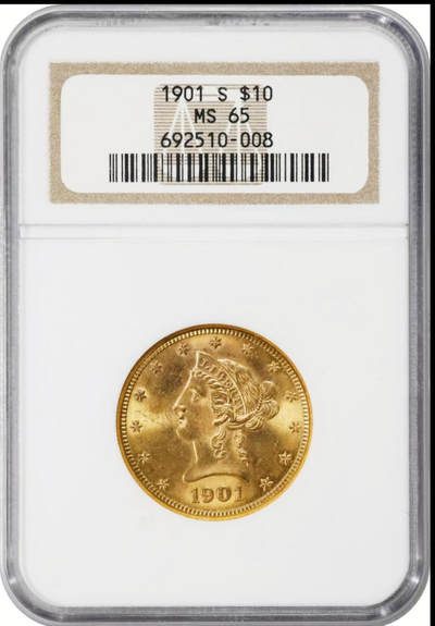 【Blue Auction】世界纸币精拍第750期——18级TOP拍卖/信誉/品质/专业/高效💫 - 美国 1901-S 10美金鹰扬金币 旧金山造币厂 重16.72克 转光金光四射  NGC MS65 绝品品相 老壳