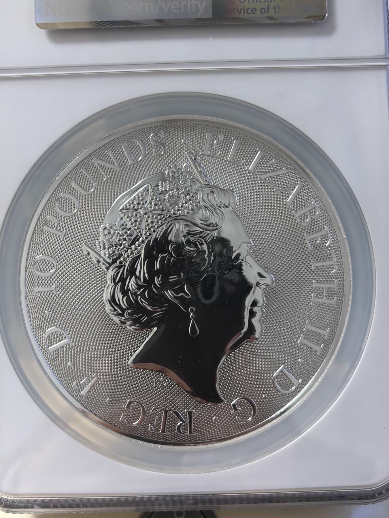 第181期拍卖 英国2019年女王神兽系列克拉伦斯黑牛10盎司纪念银币NGC-MS69,9999银，