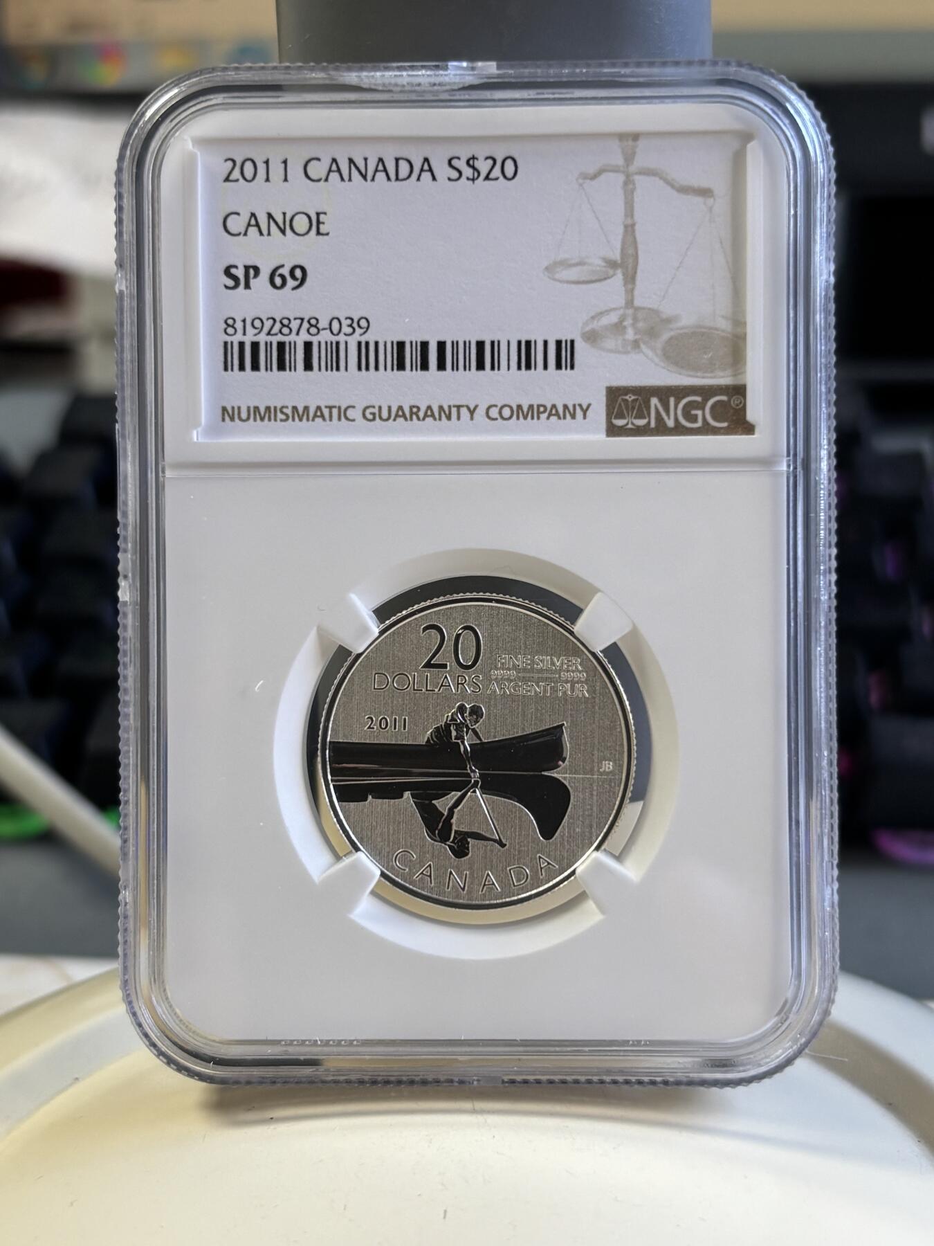 第181期拍卖 加拿大 2011年 “20换20系列”独木舟获奖银币 NGC-SP69,7.96克，9999银