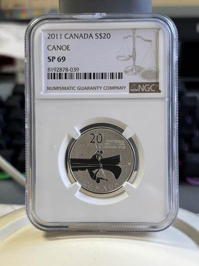 第181期拍卖 - 加拿大 2011年 “20换20系列”独木舟获奖银币 NGC-SP69,7.96克，9999银