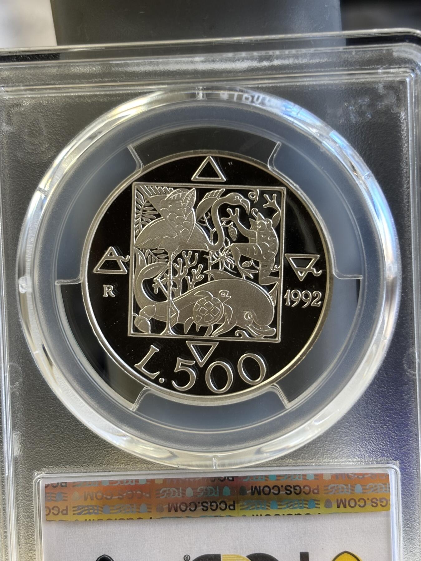 第181期拍卖 意大利 1992年 500里拉精制银币（克劳斯获奖币）PCGS-PR69货号A3786,15克，835银