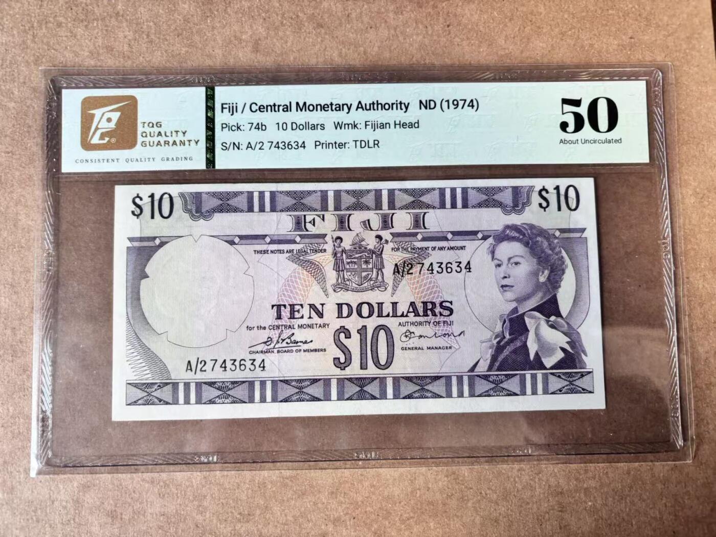 【Blue Auction】世界纸币精拍第750期——18级TOP拍卖/信誉/品质/专业/高效💫 斐济1974年10元 戎装女王 TQG50