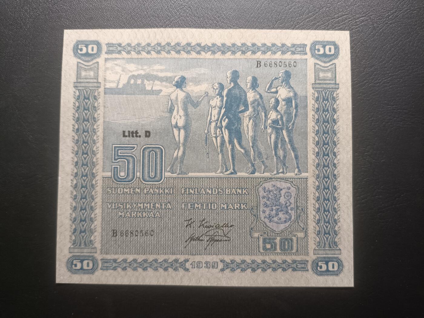 2025十一月第四期，总202期 芬兰1939版50马克AUNC无47，芬兰民族起源的抽象画，经典的大方块设计，少见中期年份