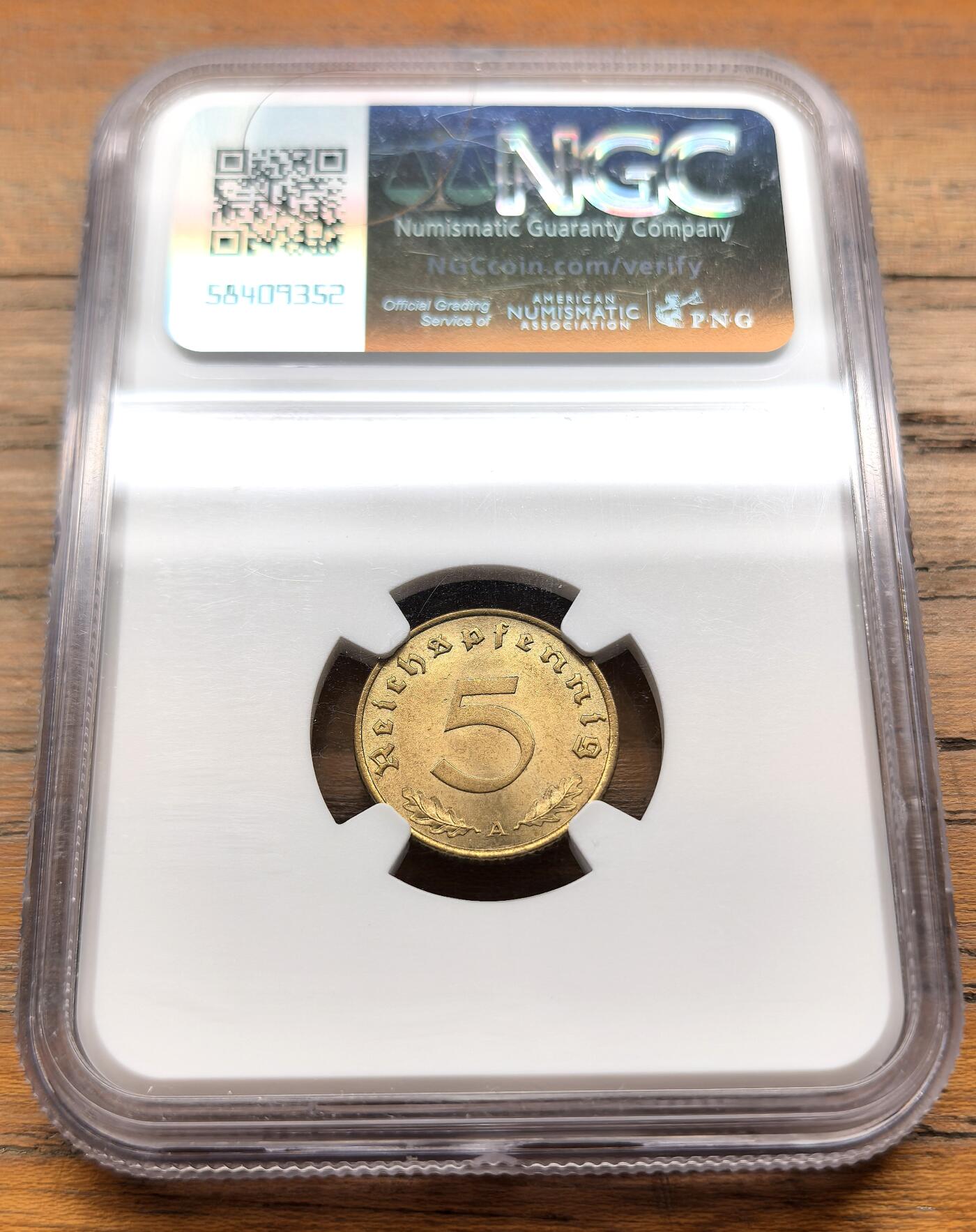 泉海漫舟·凡希社世界钱币微拍第三百十四期 1939A德国万字5芬尼NGC-MS65