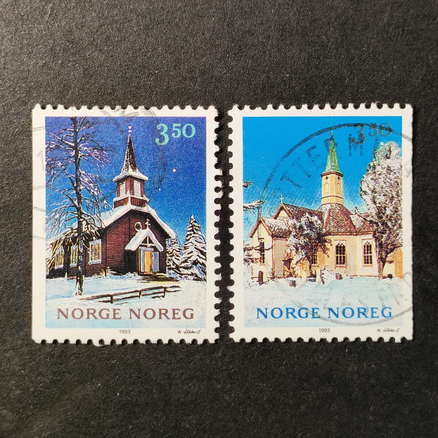 ↓君缘收藏652期☞钱币邮品↓无佣金、可寄存、满30元包邮  挪威邮票，1993年圣诞节教堂建筑邮票2全，有两套随机发一套