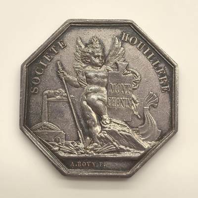 博洋堂世界钱币拍卖第146期（全场包邮） - 稀有银质八角代币，非常罕见的名誉品种，查宁山煤矿公司，小天使八角，21.4g35.7mm手指银标，名家Bovy作品