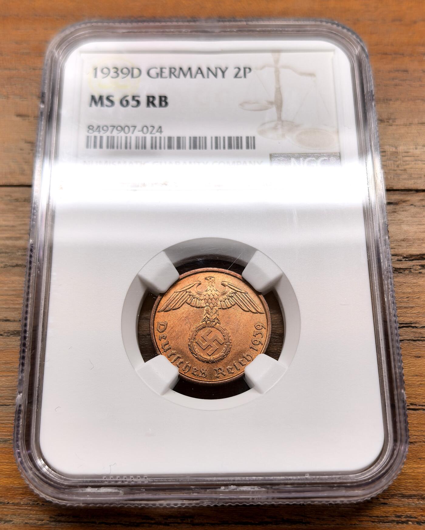 泉海漫舟·凡希社世界钱币微拍第三百十四期 1939D德国万字2芬尼铜币NGC-MS65RB