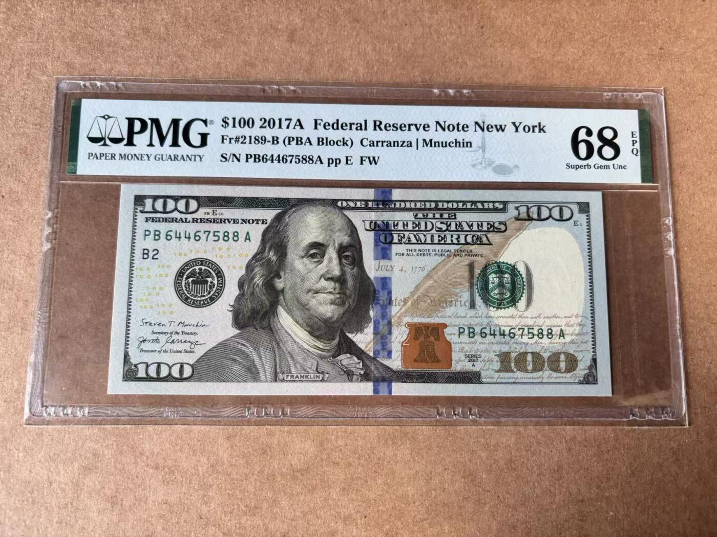 【Blue Auction】世界纸币精拍第750期——18级TOP拍卖/信誉/品质/专业/高效💫    【88尾】美国 2017年100美金 PMG68EPQ 高分