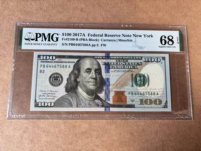 【Blue Auction】世界纸币精拍第750期——18级TOP拍卖/信誉/品质/专业/高效💫 -    【88尾】美国 2017年100美金 PMG68EPQ 高分