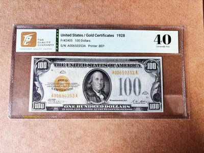 【Blue Auction】世界纸币精拍第750期——18级TOP拍卖/信誉/品质/专业/高效💫 -  【AA冠无47】美国1928年100美金 黄金券 TQG40 高值少见 价值较高 (PMG30-40分参考价如下）