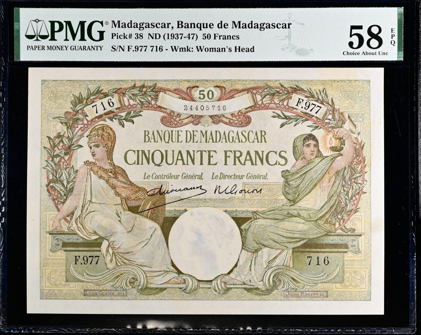 【Blue Auction】世界纸币精拍第750期——18级TOP拍卖/信誉/品质/专业/高效💫   马达加斯加 1937-47年50法郎 象征智慧的月亮女神密涅瓦与象征科学的人类女性对称端坐 背面诸小智天使围绕在威严庄重的农神德墨忒尔身旁 悦目生动 PMG58EPQ （背面曾被目录和玩家广泛认为是密涅瓦或福尔图娜，实际上根据底座希腊文ΔΗΜΗΤΗΡ/Δήμητρα可知真实身份）
