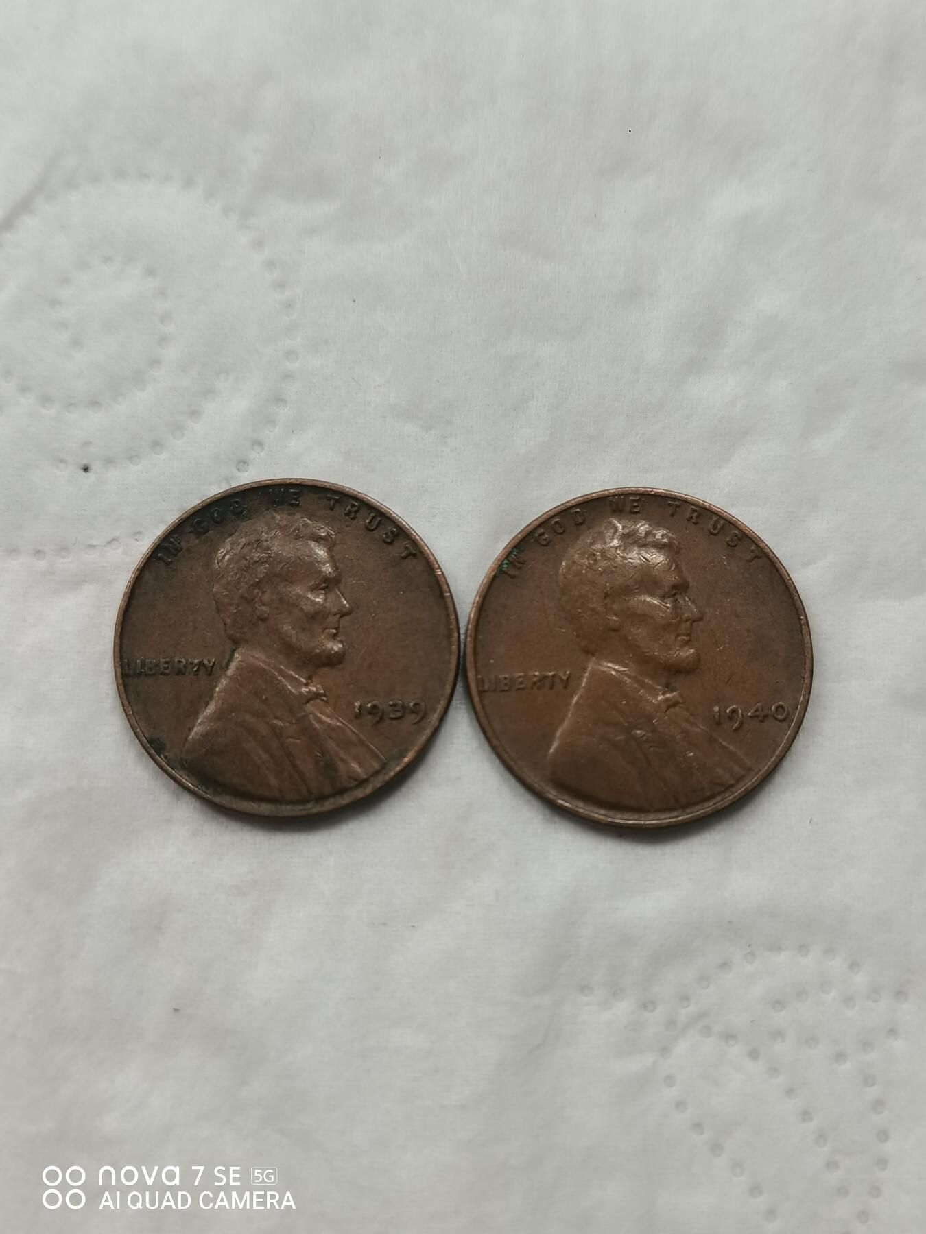 美国钱币 一美分铜币两枚