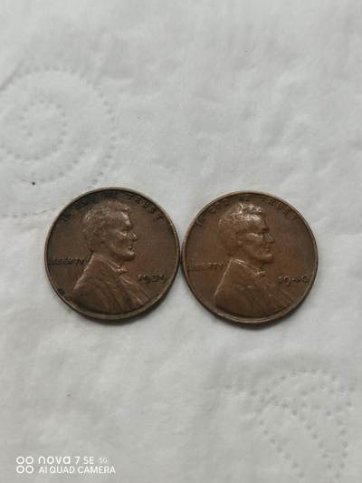 美国钱币 - 一美分铜币两枚