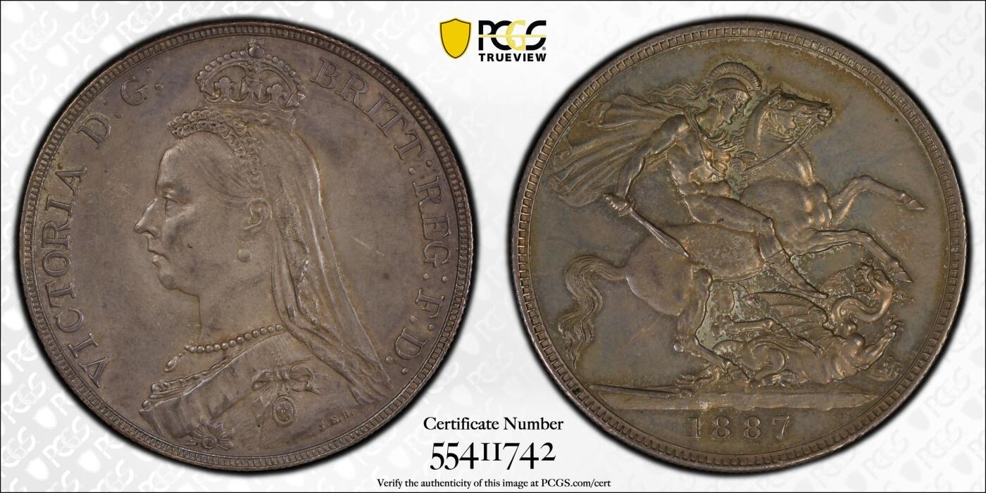 博洋堂世界钱币拍卖第146期（全场包邮） PCGS MS62 英国1887年维多利亚高冠马剑克朗银币 正反完美均匀深紫罗兰色自然包浆，人物细节清晰，背面马剑骑士肌肉完美展现，底光均匀，同分顶级状态，不可多得的藏品