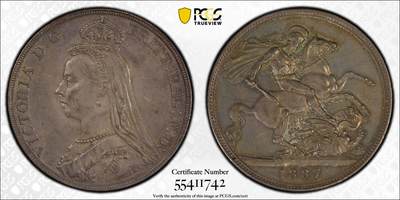 博洋堂世界钱币拍卖第146期（全场包邮） - PCGS MS62 英国1887年维多利亚高冠马剑克朗银币 正反完美均匀深紫罗兰色自然包浆，人物细节清晰，背面马剑骑士肌肉完美展现，底光均匀，同分顶级状态，不可多得的藏品