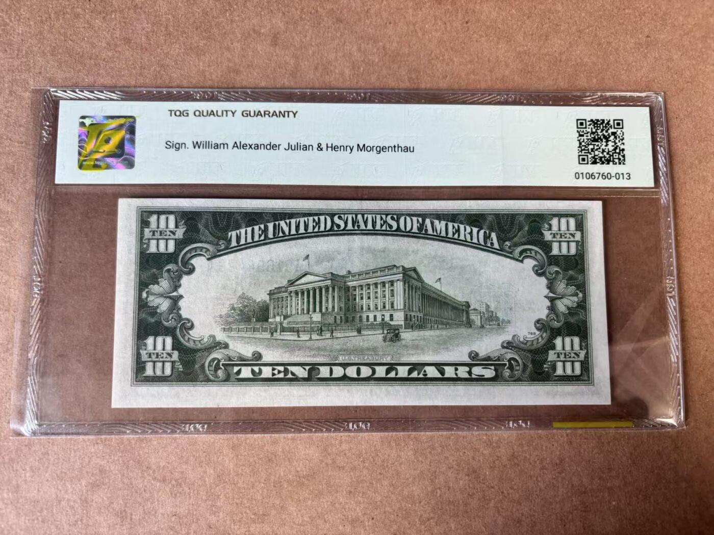【Blue Auction】世界纸币精拍第750期——18级TOP拍卖/信誉/品质/专业/高效💫 【AA冠】美国 1934A 10美金 北非券 TQG45