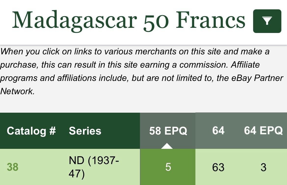 【Blue Auction】世界纸币精拍第750期——18级TOP拍卖/信誉/品质/专业/高效💫   马达加斯加 1937-47年50法郎 象征智慧的月亮女神密涅瓦与象征科学的人类女性对称端坐 背面诸小智天使围绕在威严庄重的农神德墨忒尔身旁 悦目生动 PMG58EPQ （背面曾被目录和玩家广泛认为是密涅瓦或福尔图娜，实际上根据底座希腊文ΔΗΜΗΤΗΡ/Δήμητρα可知真实身份）