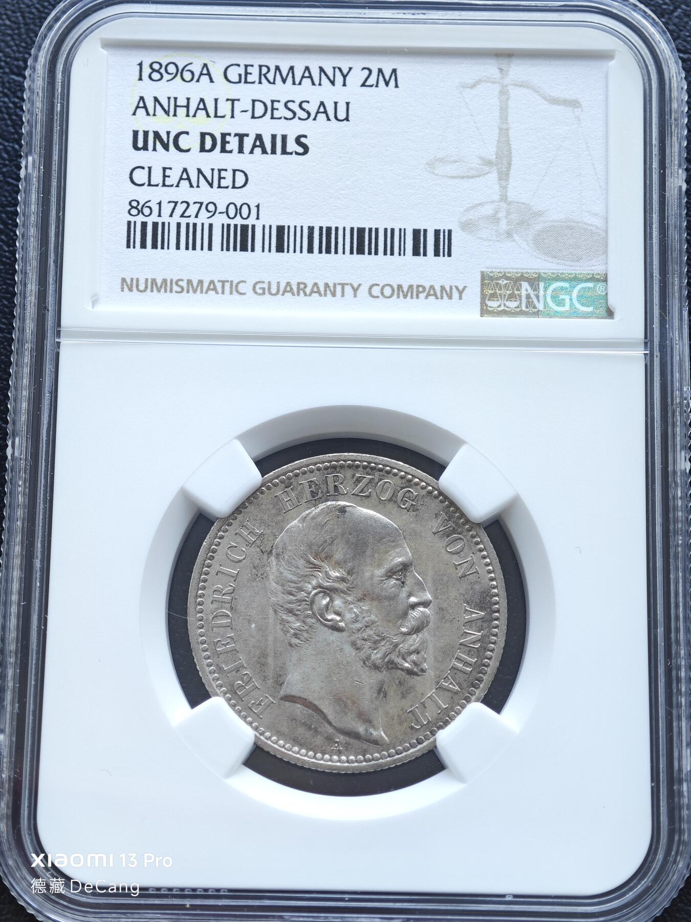 【德藏】世界币章拍卖第153期（拍品征集中~欢迎藏友联系） 1896年 德国安哈特弗里德里希2马克银币 NGC UNC 状态安逸 淡包浆 NGC严评
