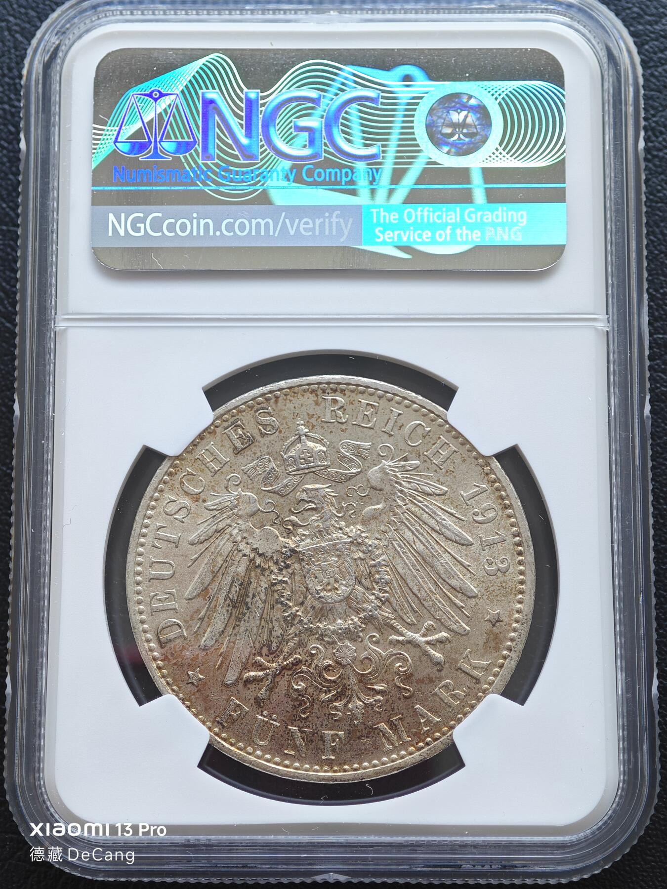 【德藏】世界币章拍卖第153期（拍品征集中~欢迎藏友联系） 1913年 德国巴伐利亚奥托5马克大银币 NGC MS62 斑斓包浆不失间歇原光 品相状态极佳