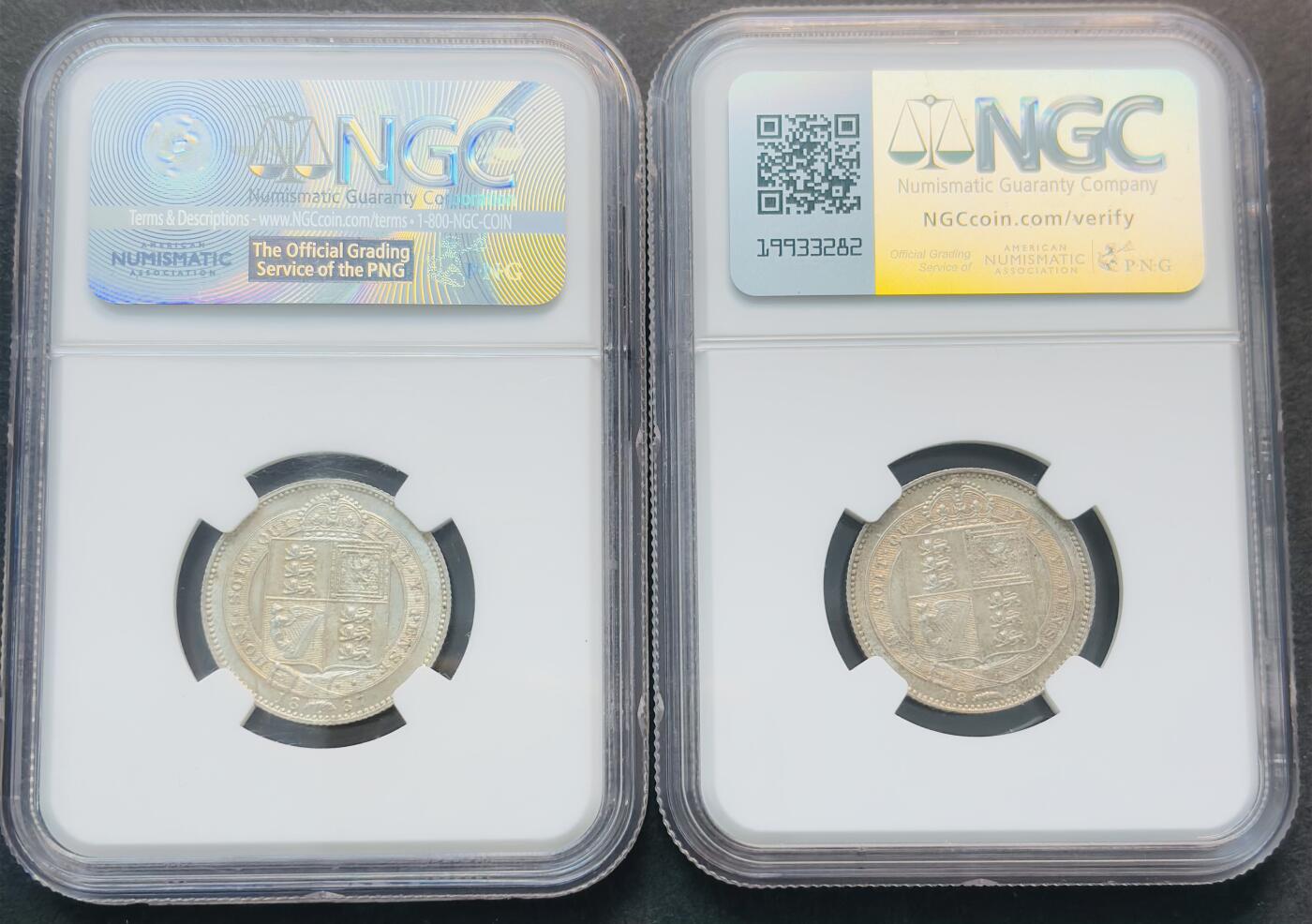 文馨钱币收藏第 281 场，【 长期接收代拍品】银元，银币，套币，纸币专场（本场截拍后休息三天，19 号发货） 稀少 1887 年英国维多利亚 1 先令银币，NGC 评级 MS63 分，此拍为一对 2 枚，喜欢的老板大胆出价，这品相不多见了