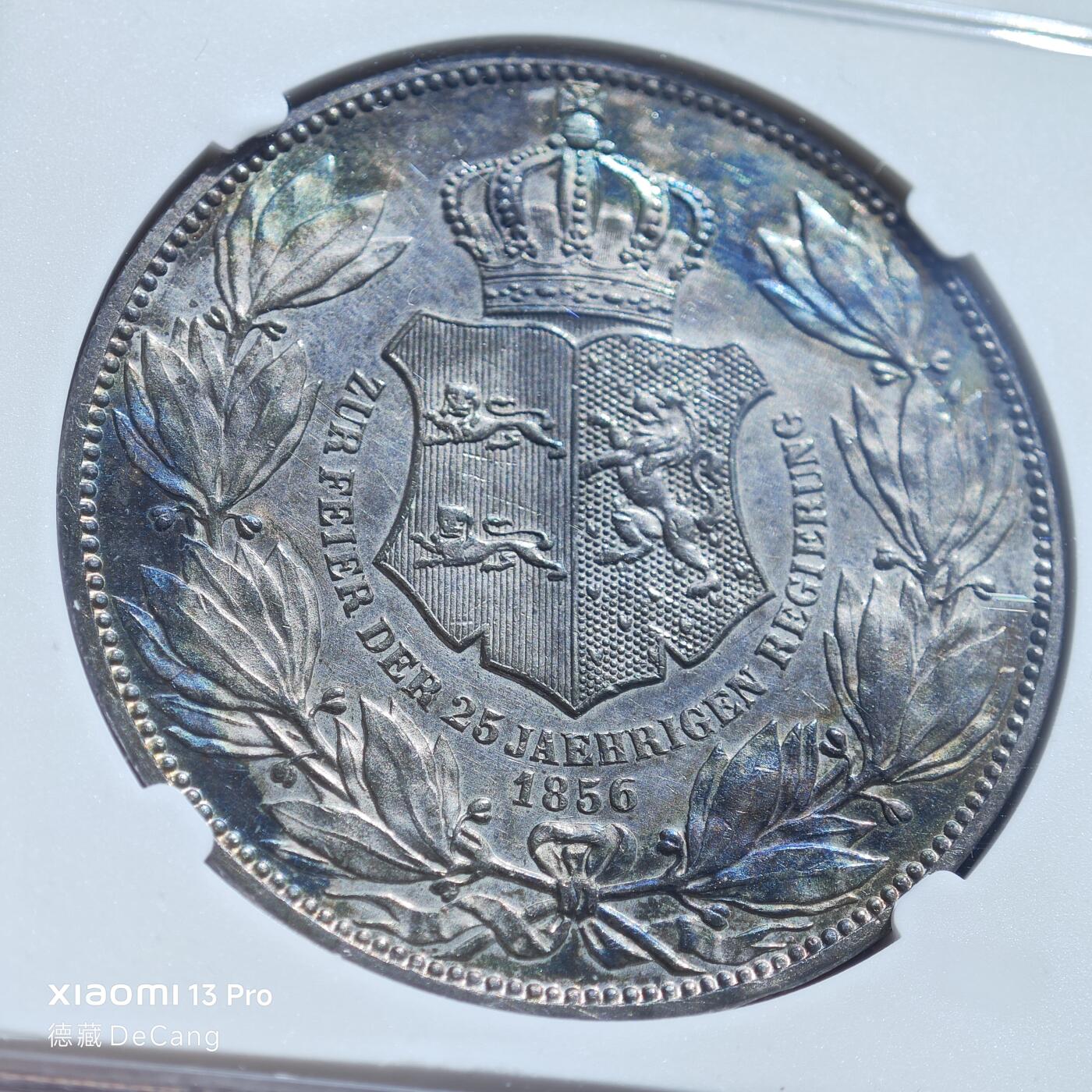 【德藏】世界币章拍卖第153期（拍品征集中~欢迎藏友联系） 1856年 德国布伦瑞克狼堡加冕执政25周年2泰勒纪念大银币 NGC MS61 五彩包浆 极具吸引力 状态极佳 币面凹凸有致 