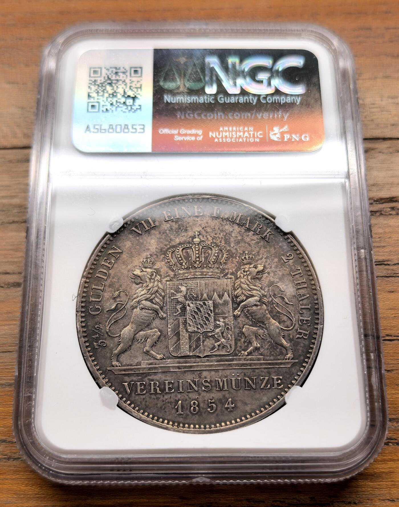 泉海漫舟·凡希社世界钱币微拍第三百十四期 1854德国巴伐利亚马克西米利安流通版2泰勒大银NGC-AUD