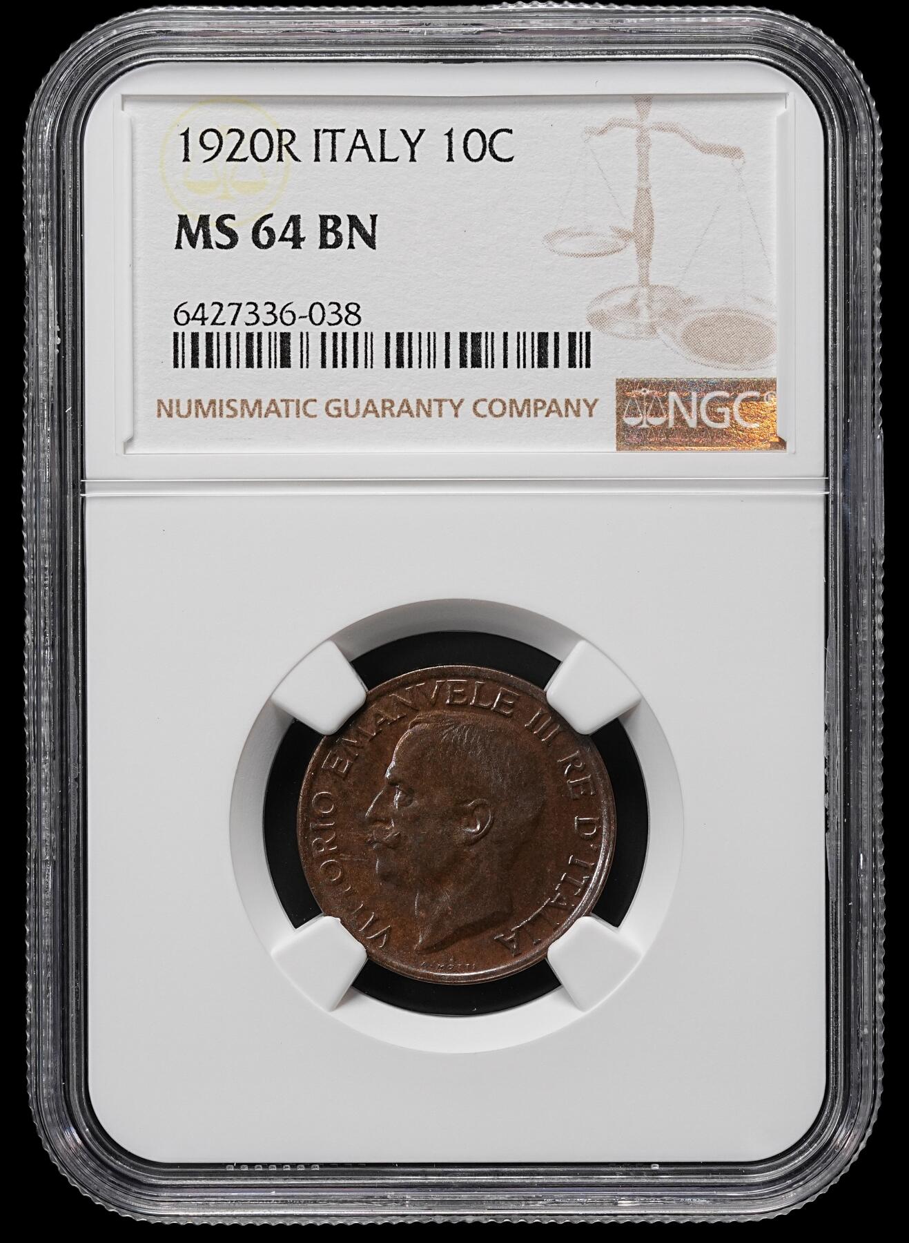 修遠堂世界钱币第九十三期 NGC MS64BN 1920年意大利10分铜币