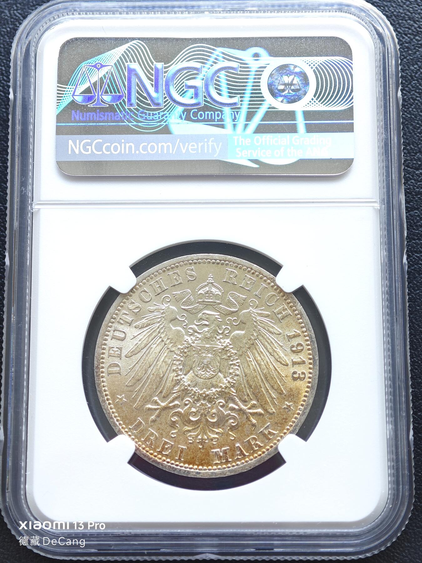 【德藏】世界币章拍卖第153期（拍品征集中~欢迎藏友联系） 1913年 德国普鲁士威廉二世军装3马克银币 NGC MS61 淡包浆 原光十足