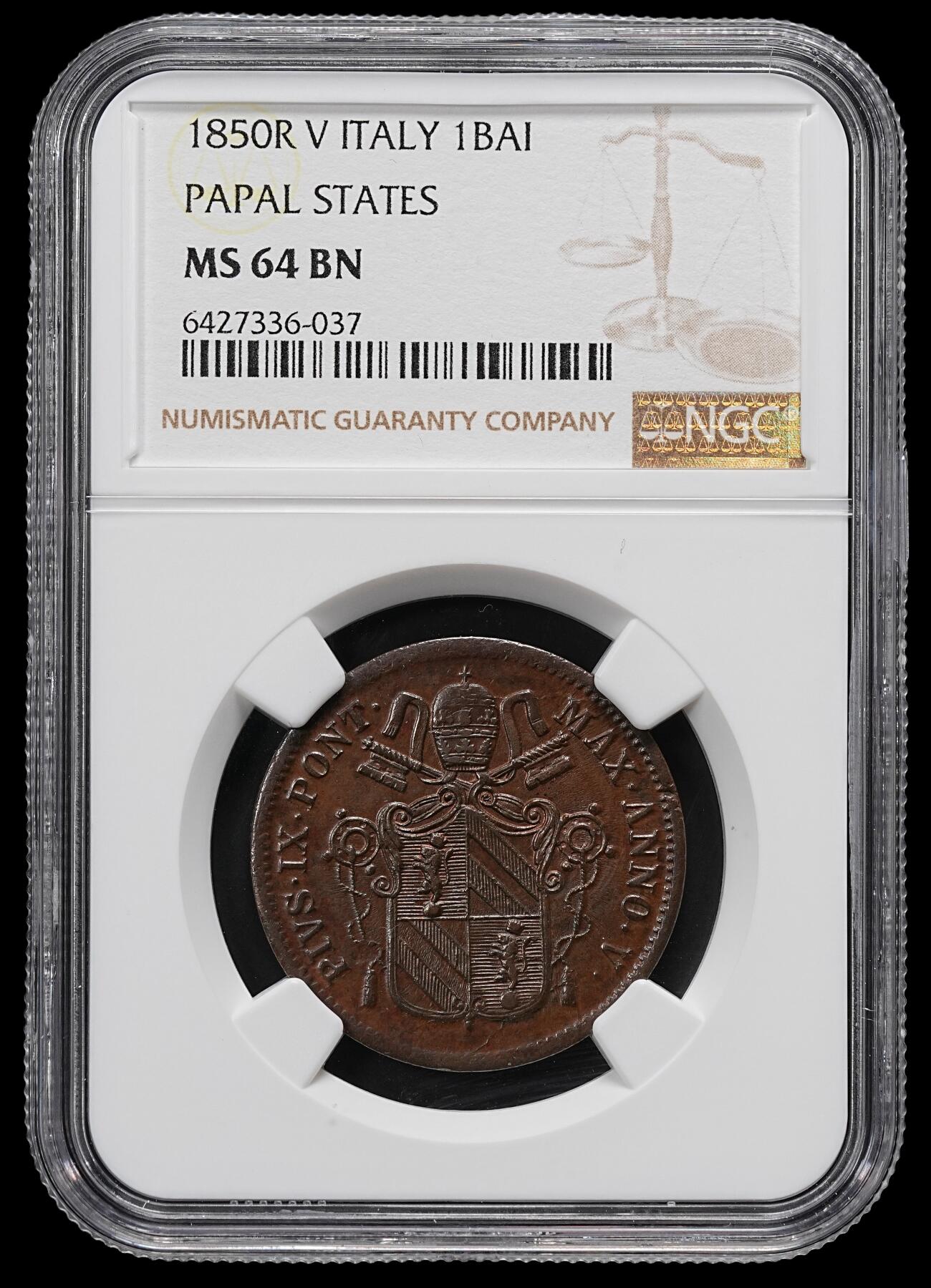 修遠堂世界钱币第九十三期 NGC MS64BN 1850年教皇国1BAI铜币