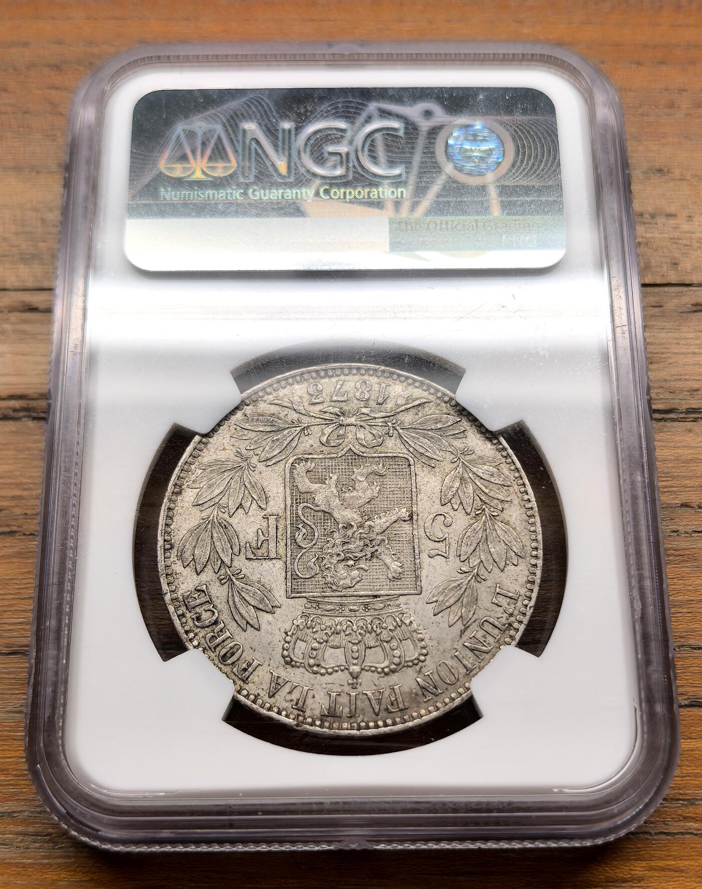 泉海漫舟·凡希社世界钱币微拍第三百十四期 1873比利时王国5法郎大银NGC-MS61