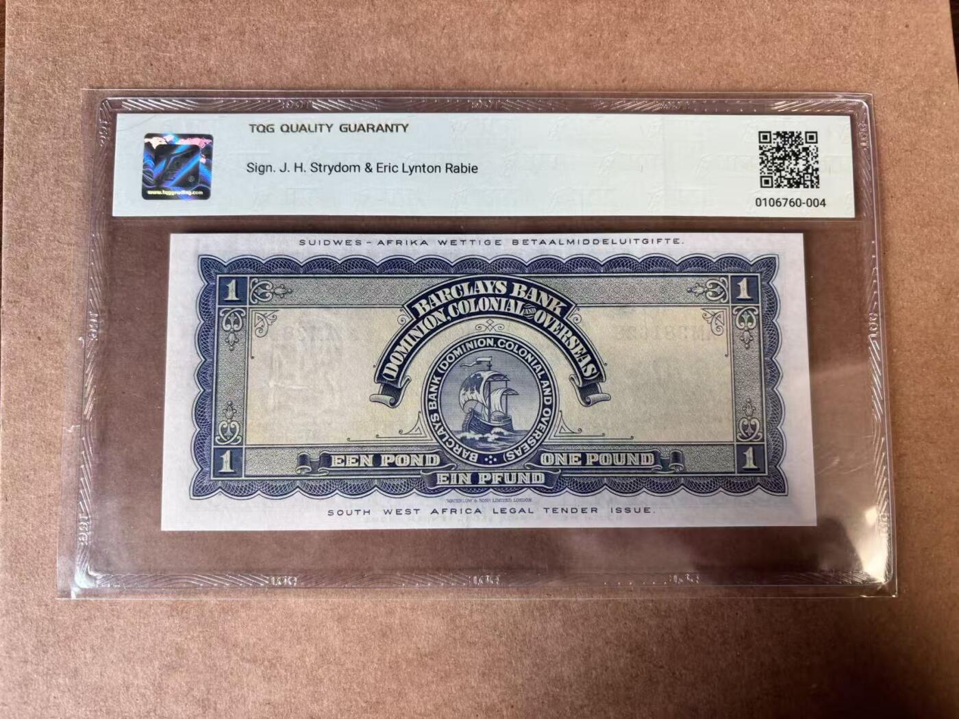 【Blue Auction】世界纸币精拍第750期——18级TOP拍卖/信誉/品质/专业/高效💫 【无47 p-2d】西南非洲1951年1镑 经济支柱产业绵羊 W＆S早期精品 TQG53 评级无全新记录