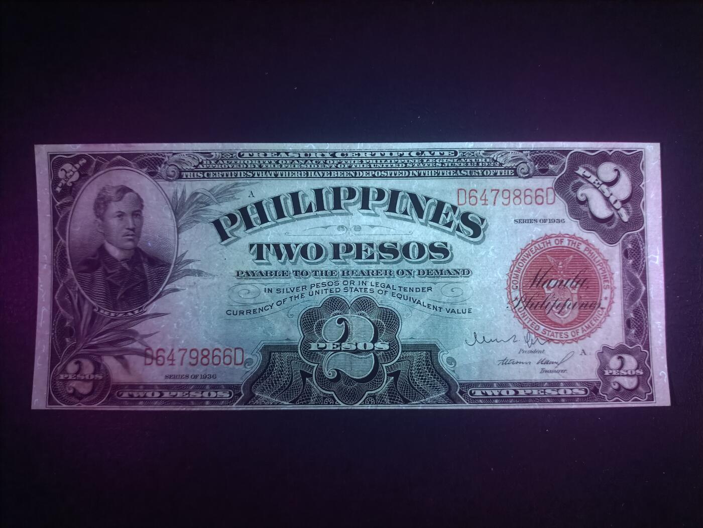 2025十一月第四期，总202期 菲律宾自治领1936版2比索流通好品XF，国父黎萨，浓厚的美国钞票风格，此时菲律宾比索也与美金等值，故价值会比1937年与美金脱钩后同面值贵