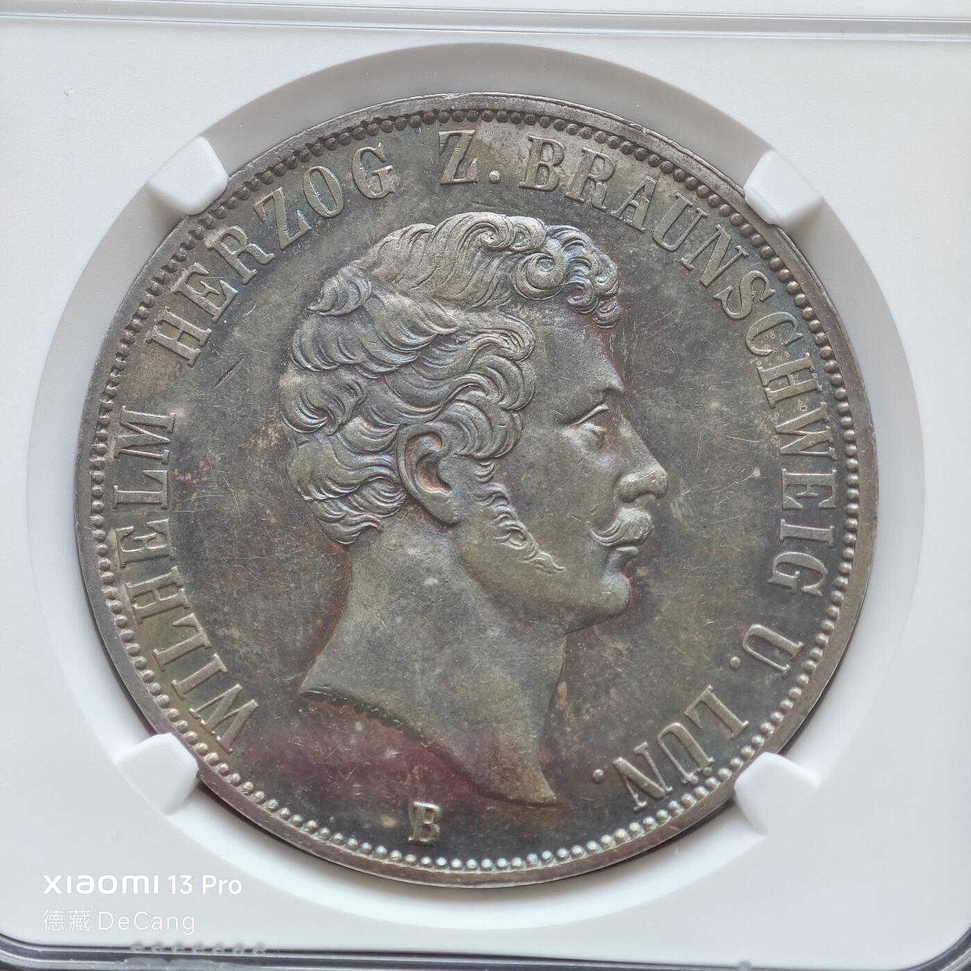 【德藏】世界币章拍卖第153期（拍品征集中~欢迎藏友联系） 1856年 德国布伦瑞克狼堡加冕执政25周年2泰勒纪念大银币 NGC MS61 五彩包浆 极具吸引力 状态极佳 币面凹凸有致 