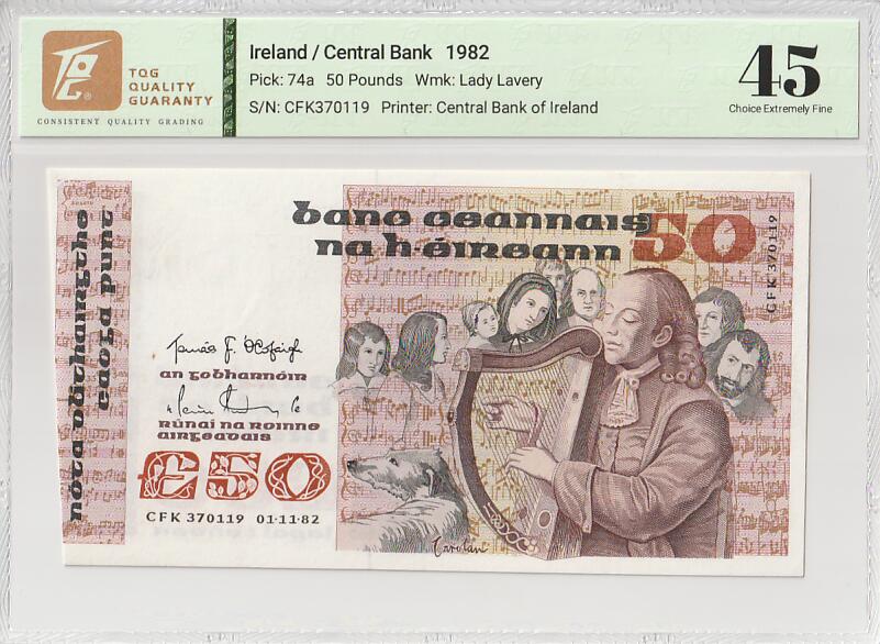 2025十一月第四期，总202期 爱尔兰1982年50镑TQG45分疑似裁切失误，主题肖像是16世纪的盲人竖琴演奏家奥卡罗兰和周围聆听的人群，作为爱尔兰象征之一的竖琴也当之无愧的登上了此版本最大面值的钞票上