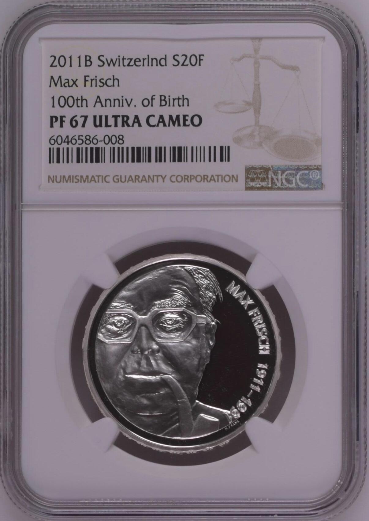 S&S Numismatic世界钱币-拍卖 第115期  瑞士2011年 作家马克斯·弗里希诞辰佰年 20法郎精制银币NGC PF67UC  稀少样币-面值面有E+标