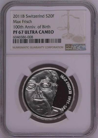 S&S Numismatic世界钱币-拍卖 第115期  - 瑞士2011年 作家马克斯·弗里希诞辰佰年 20法郎精制银币NGC PF67UC  稀少样币-面值面有E+标