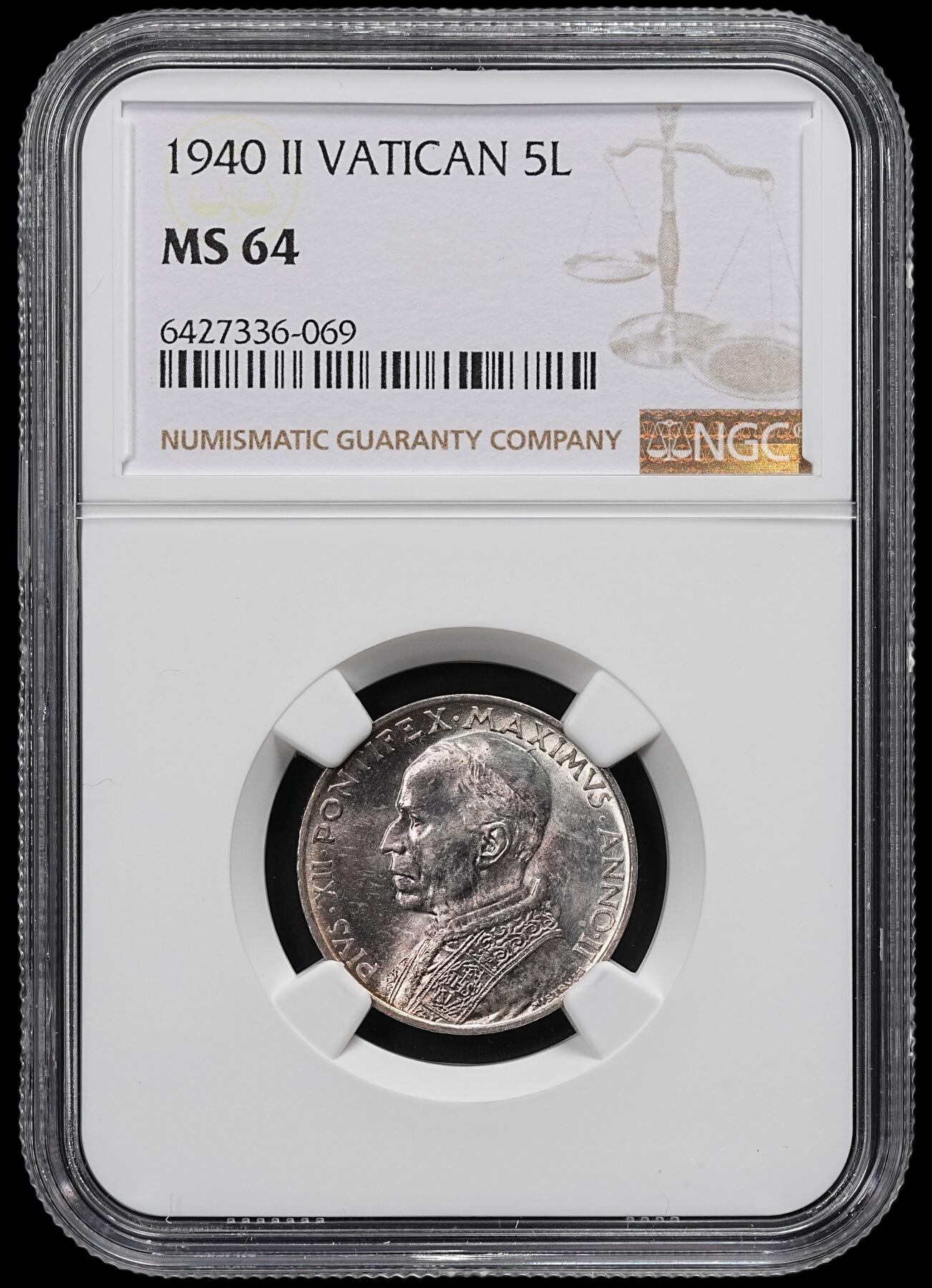 修遠堂世界钱币第九十三期 NGC MS64 1940年梵蒂冈5里拉银币 背面五彩相当漂亮