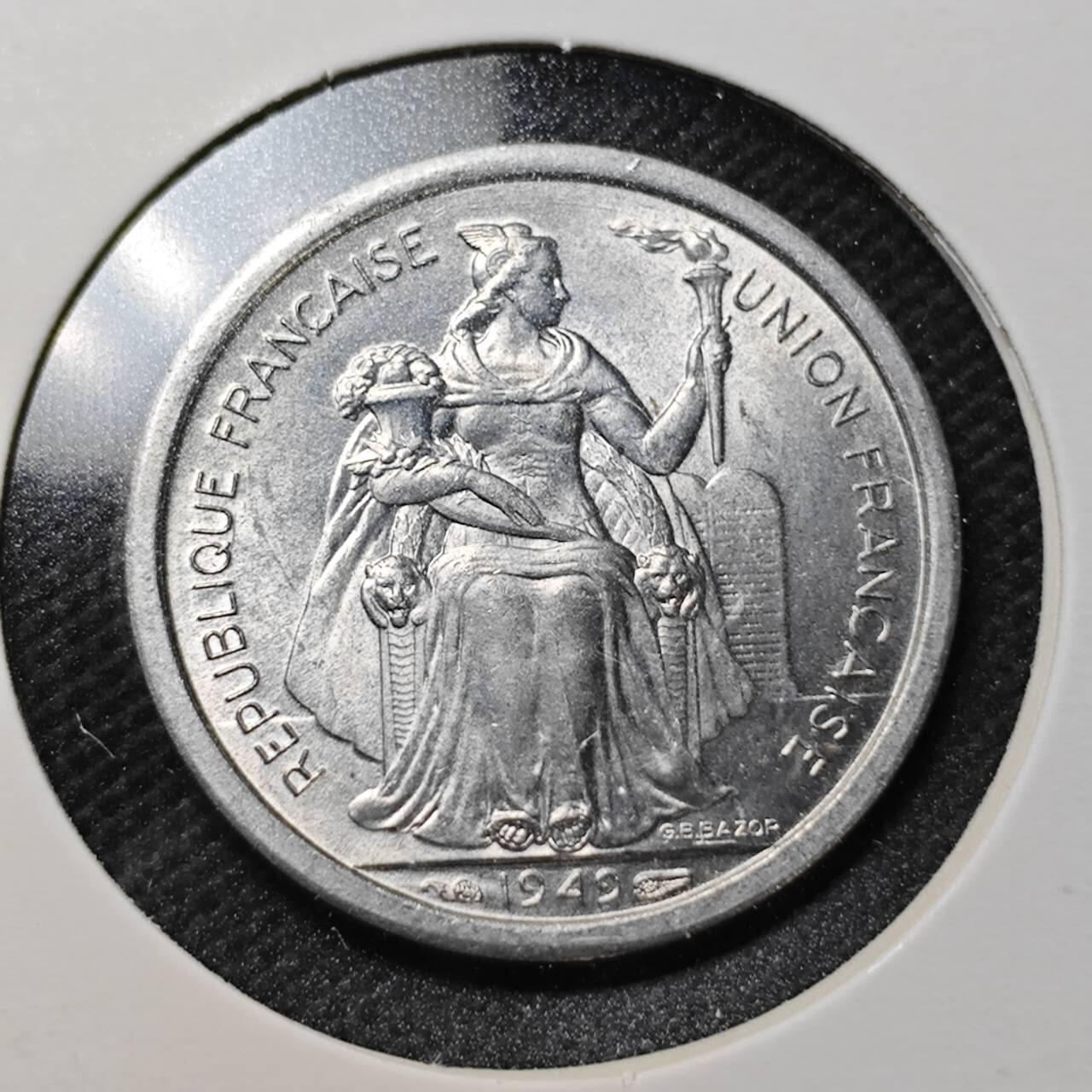 KK钱币收藏小铺  第370场  2月预留时间 周末发货  1949法属新喀里多尼亚1法郎 好品