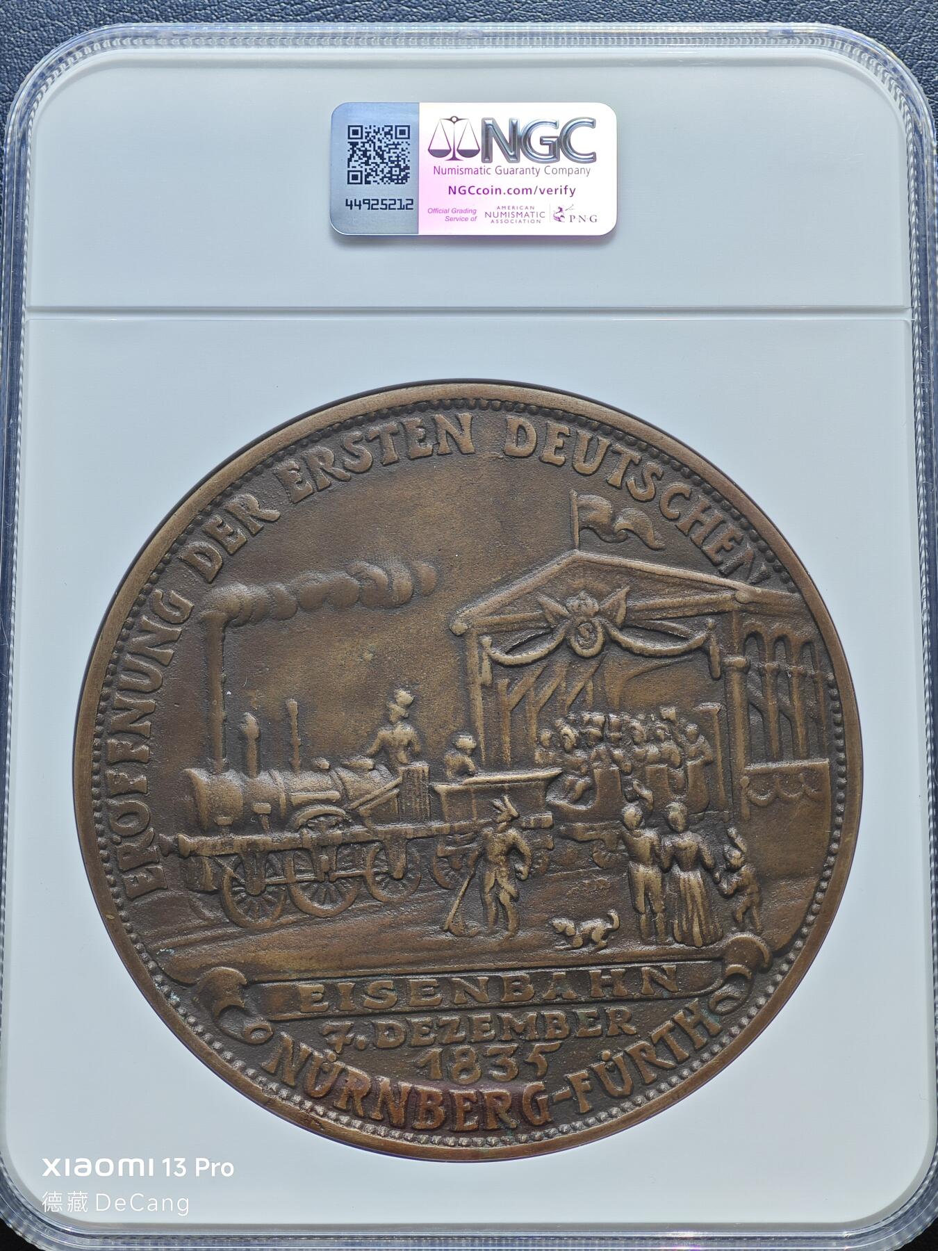 【德藏】世界币章拍卖第153期（拍品征集中~欢迎藏友联系） 1935年 德国第一条铁路开通100周年120mm巨型纪念大铜章 章牌大师卡尔歌词设计 NGC MS63BN 超大尺寸 温润包浆 